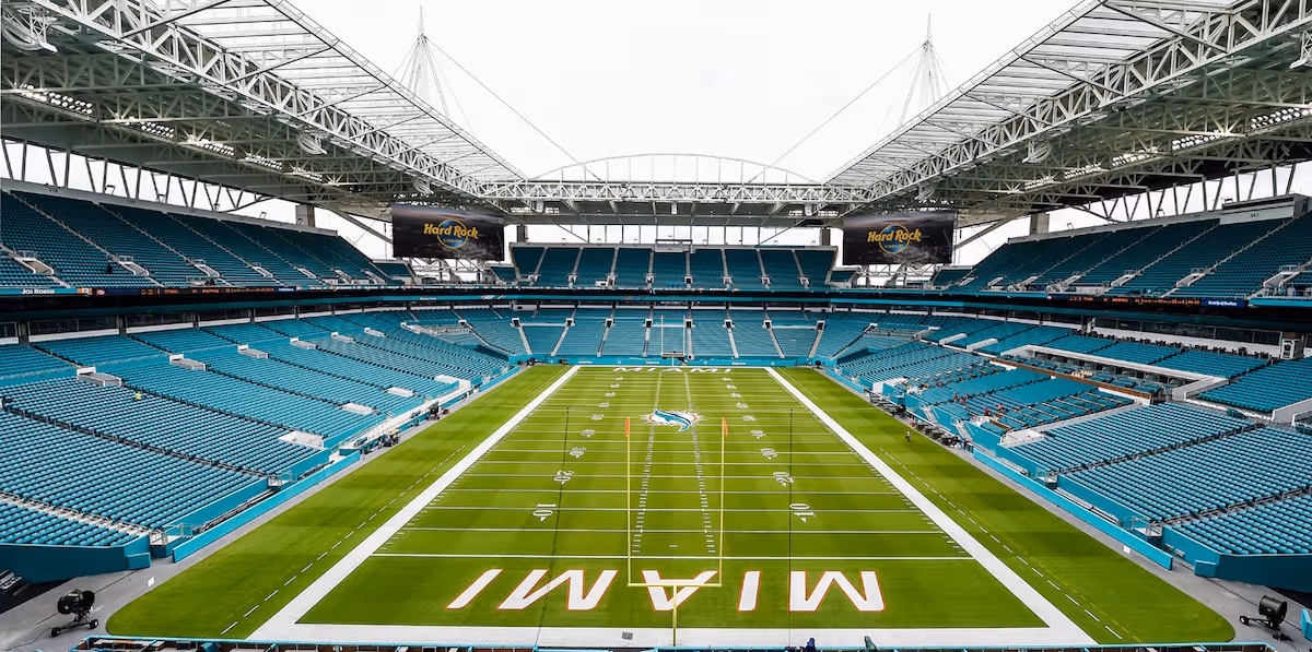 Wide angle view of the Miami Hard Rock Football Stadium taken from the end zone seating section.