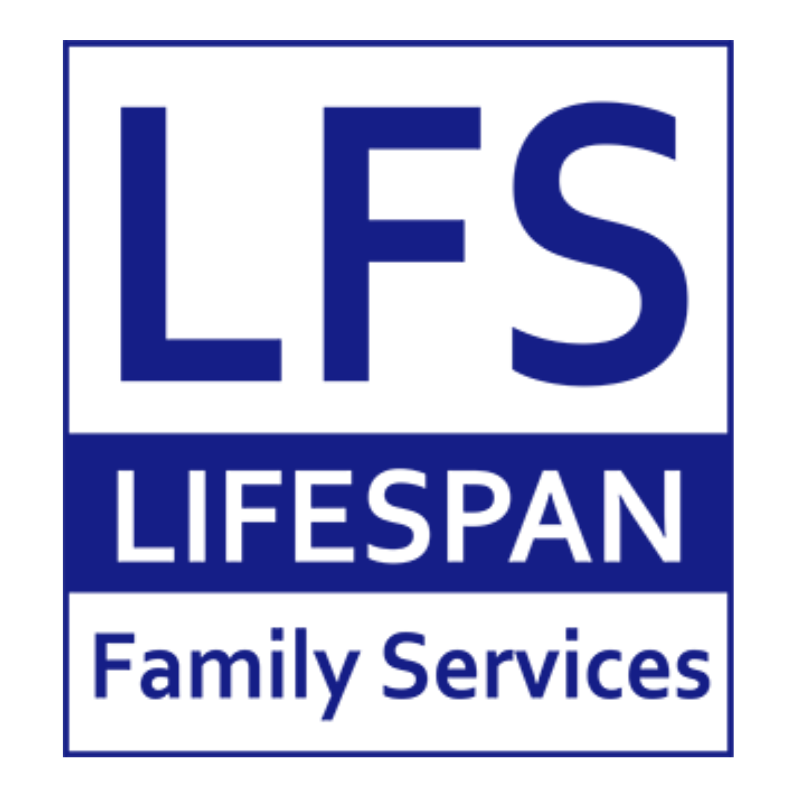 Square logo for Lifespan Family Services. The large, bold letters 'LFS' appear in all caps, filling the background. A blue horizontal banner cuts across the center with the word 'LIFESPAN' in white uppercase letters. Beneath the banner, the words 'Family Services' are displayed in a clean, professional font. The design is simple, strong, and modern, reflecting trust and support.