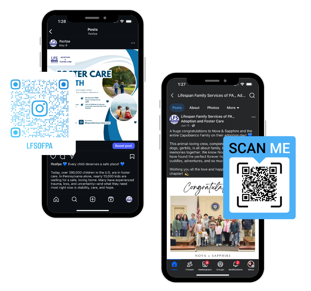 An aesthetic graphic featuring two iPhones side by side. The iPhone on the left displays a screenshot of a Lifespan Family Services Instagram post celebrating Foster Care Month, with an Instagram QR code overlay. The iPhone on the right shows a screenshot of an adoption post from Lifespan’s Facebook page, overlaid with a QR code to scan and follow the page.