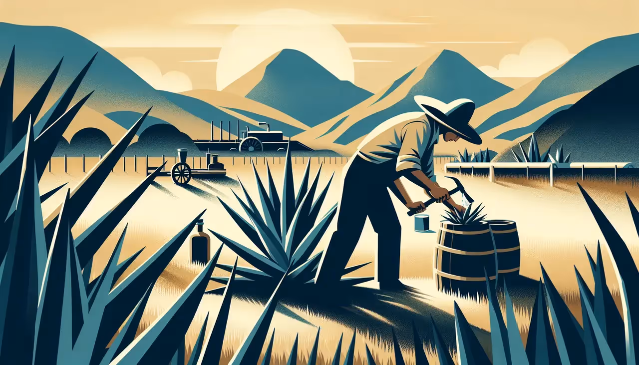 Draw a graphic in flat design style. Illustrate a Jimador skillfully harvesting an agave plant in a sunlit field, with mountains in the background, showcasing the traditional tools used in tequila production.
