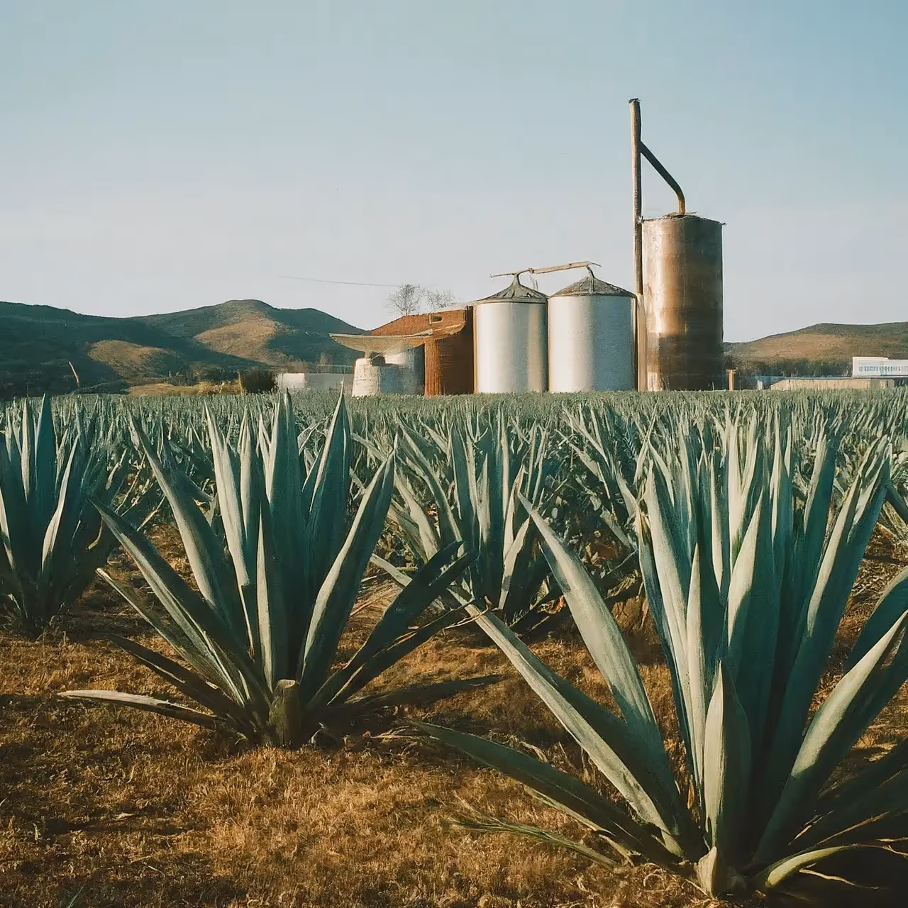 Agave plants in a field with a distillery in background. 35mm stock photo