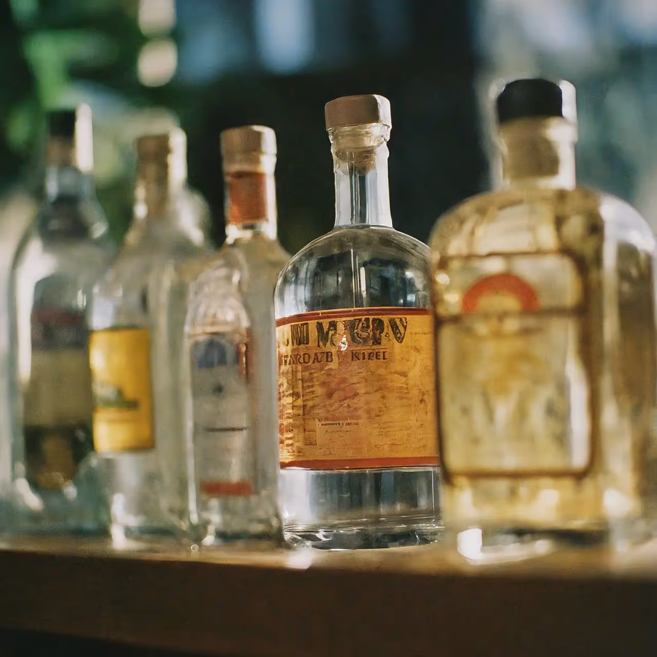 A variety of tequila bottles elegantly displayed on a shelf. 35mm stock photo