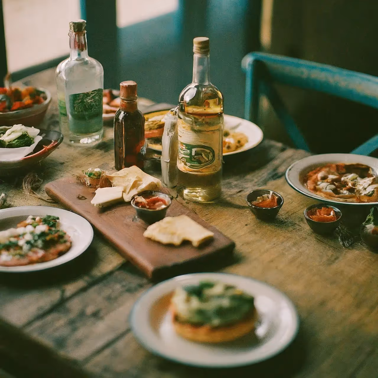 A rustic table with tequila bottles and various appetizers. 35mm stock photo