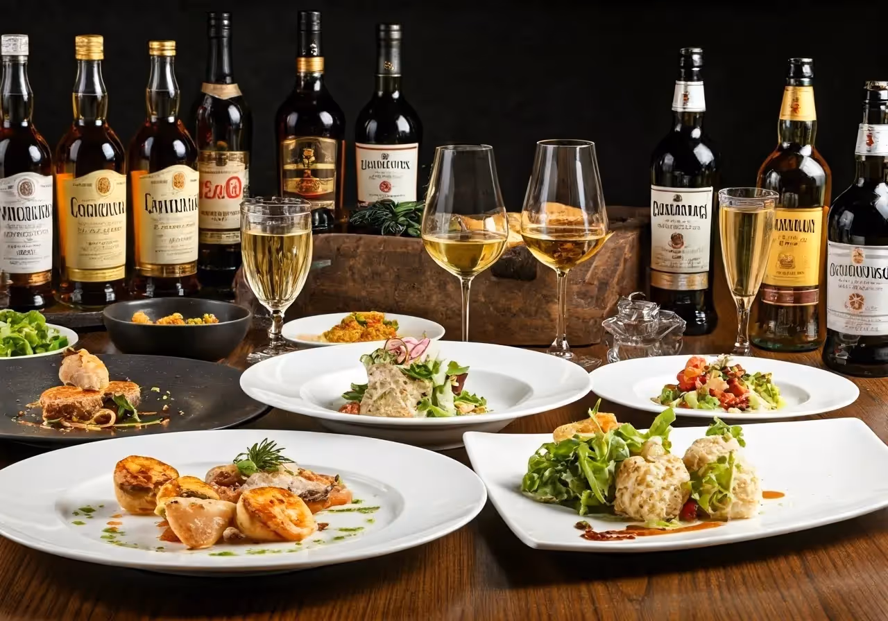 Beautifully arranged gourmet dishes with an assortment of premium spirits. 35mm stock photo