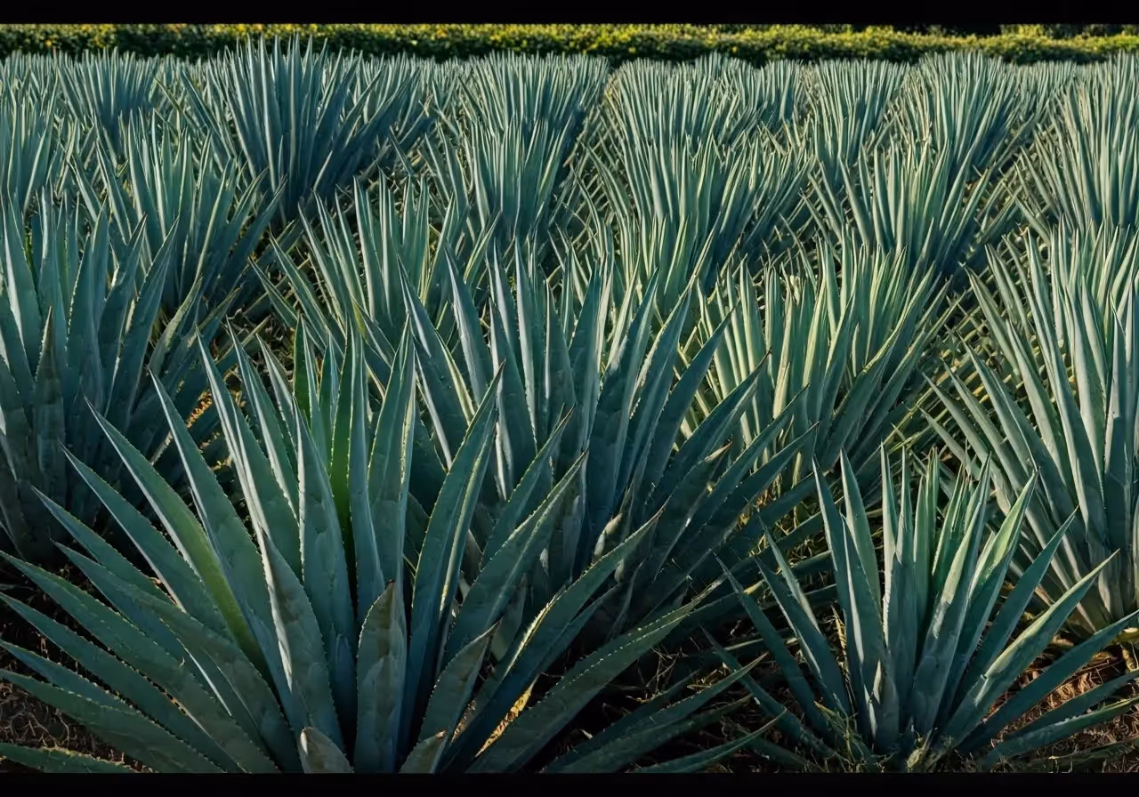A field of blue agave plants under the sun. 35mm stock photo