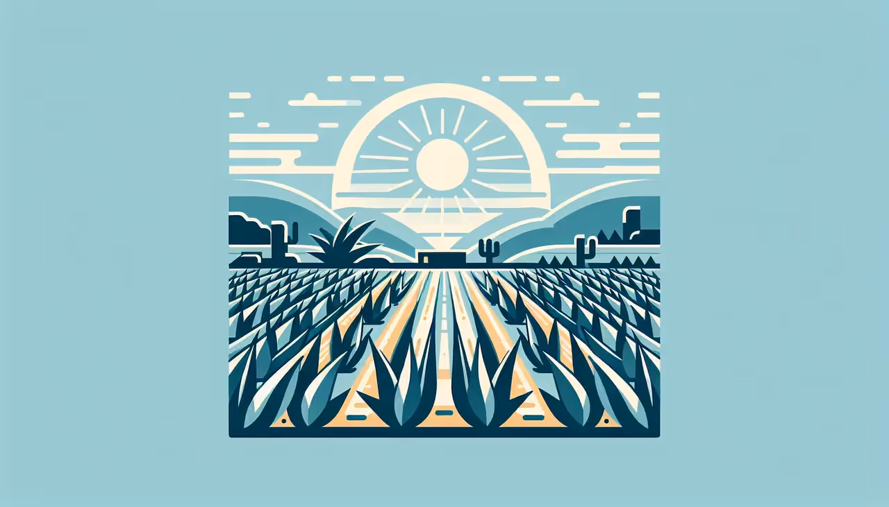 Draw a graphic in flat design style. A traditional Mexican agave farm with a blue sky and sun.