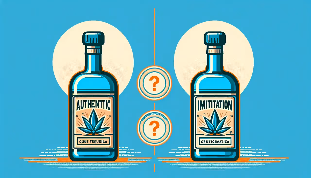 Draw a graphic in flat design style. A comparison of two tequila bottles, one labeled Authentic with a blue agave plant icon and one labeled Imitation with a question mark, on a clean, simple background.