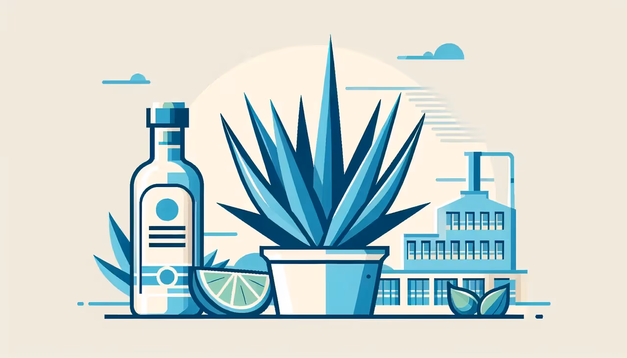 Draw a graphic in flat design style. A minimalist illustration of a blue agave plant with a bottle of tequila and a simple distillery in the background.