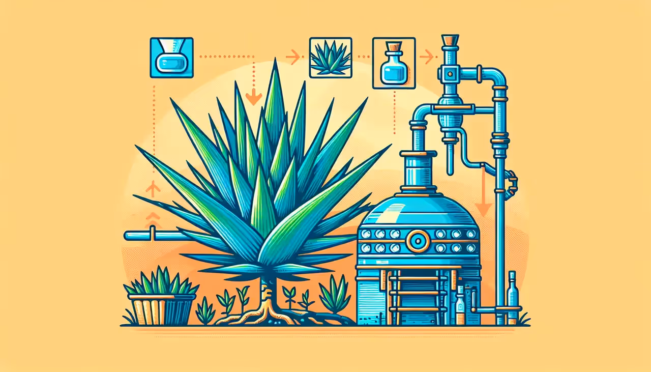 Draw a graphic in flat design style. A detailed illustration of a blue agave plant beside a traditional tequila distillation setup, with arrows showing the process flow.