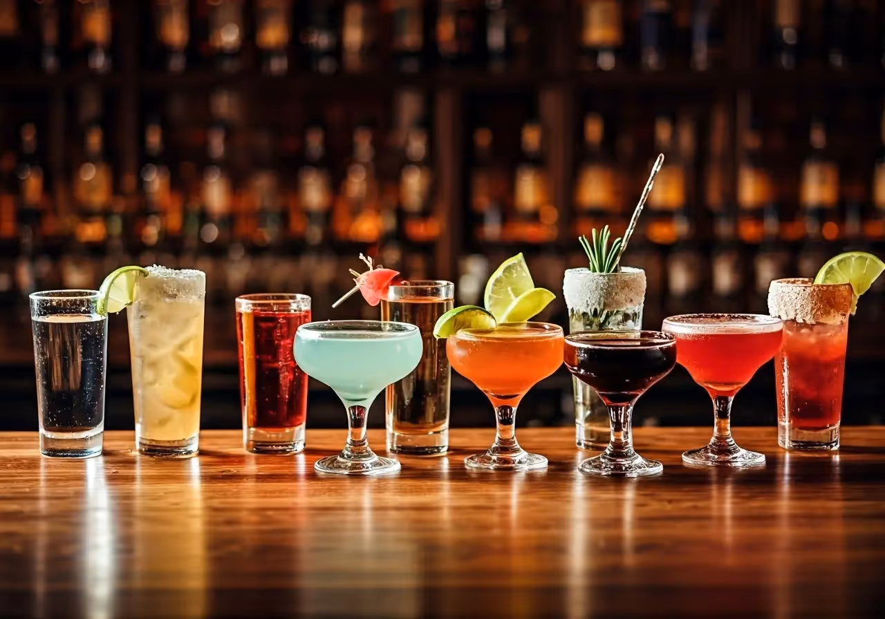 A colorful display of seven unique tequila cocktails on a bar. 35mm stock photo