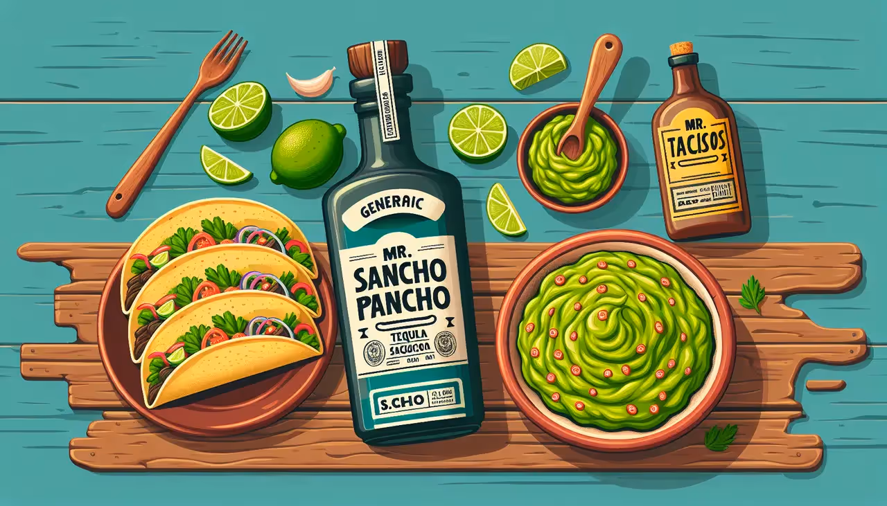 Draw a graphic in flat design style. A Flat Design illustration of a bottle of Mr Sancho Pancho Tequila beside a plate of tacos, a bowl of guacamole, and a few lime slices on a wooden table.