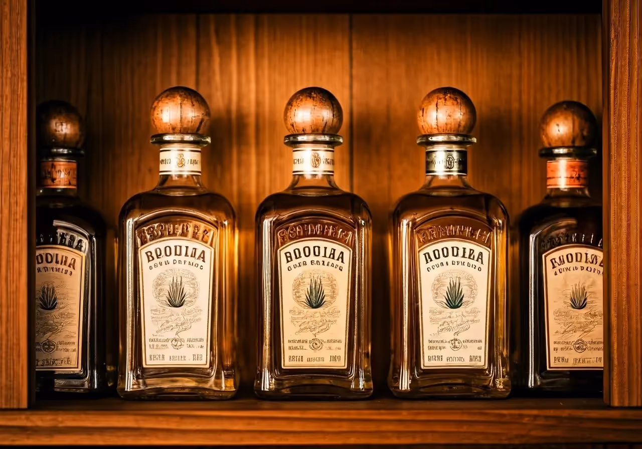 A close-up of elegant tequila bottles on a wooden shelf. 35mm stock photo