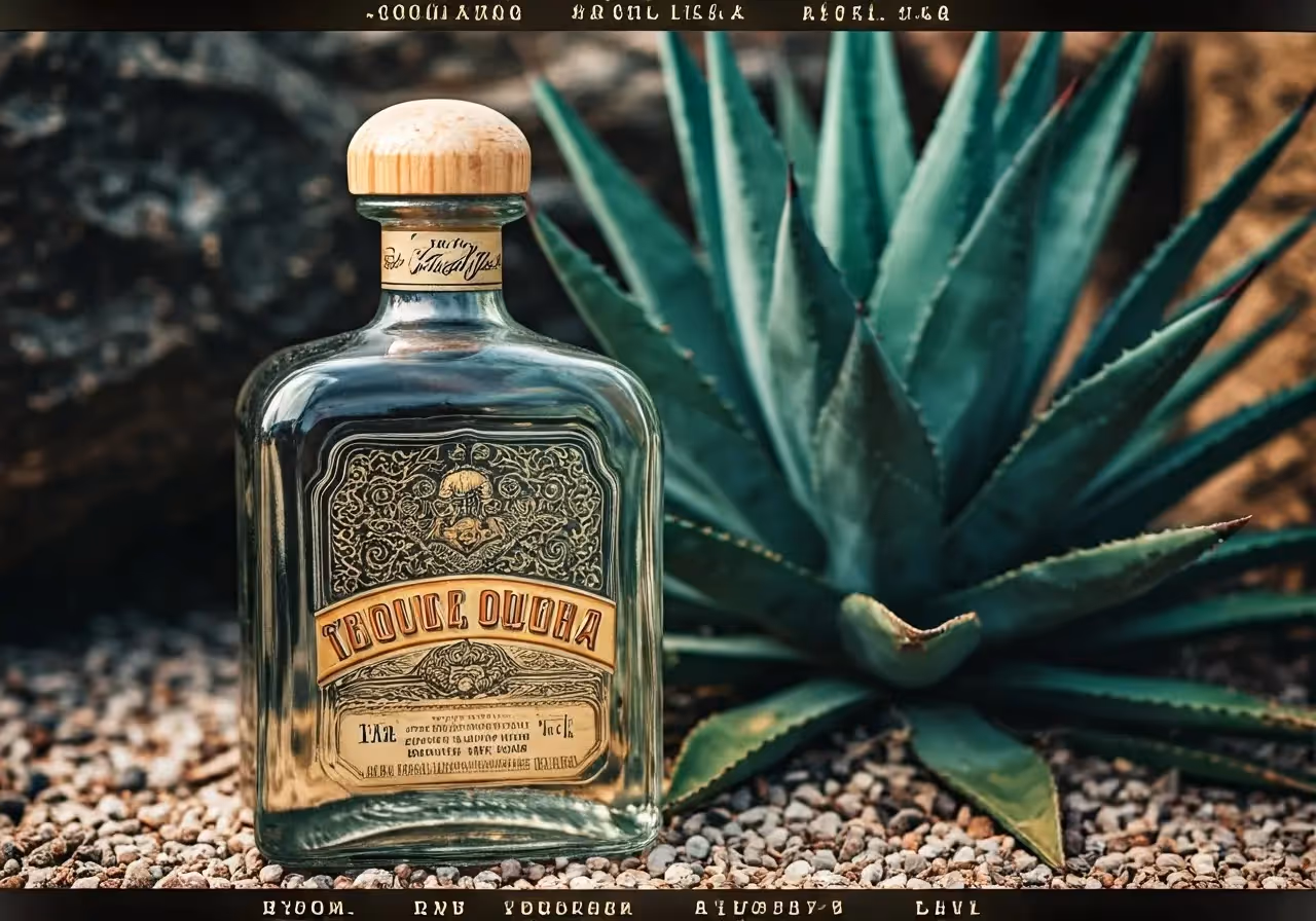 A close-up of a glass tequila bottle and agave plant. 35mm stock photo