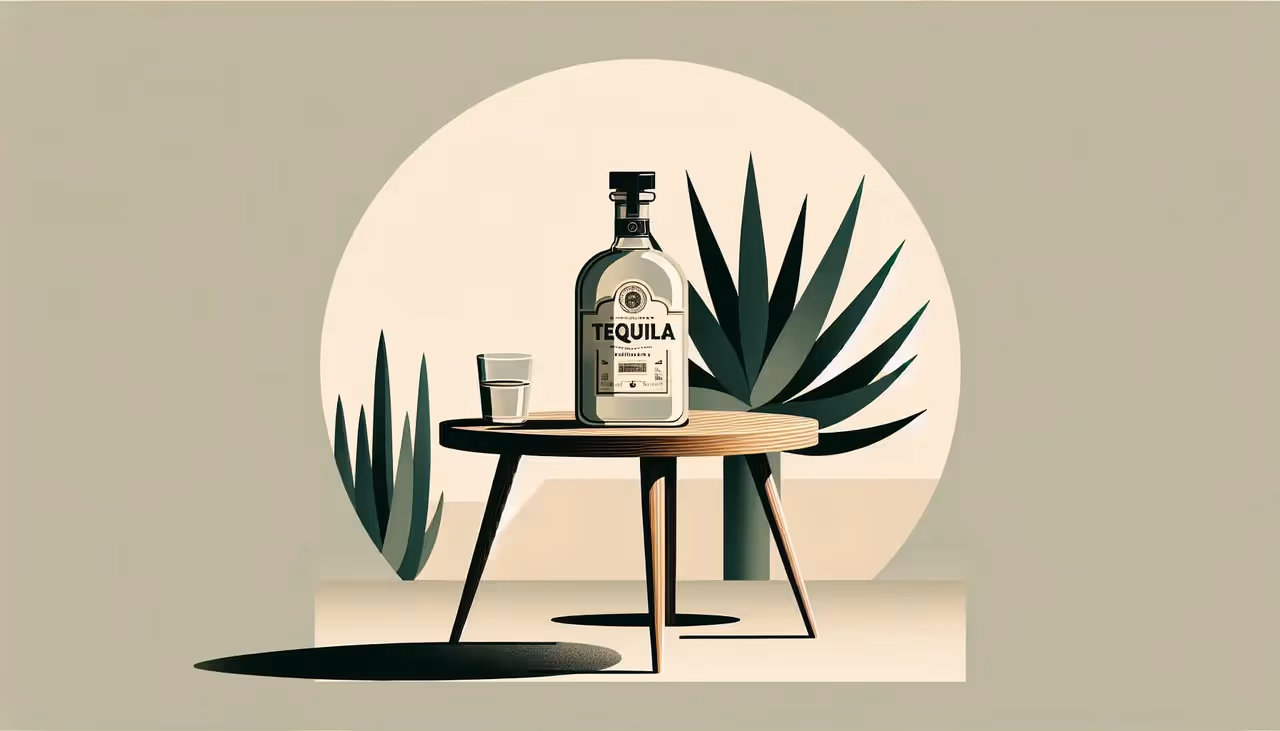 Draw a graphic in flat design style. A minimalist bottle of premium tequila on a small wooden table, with subtle agave plants in the background.