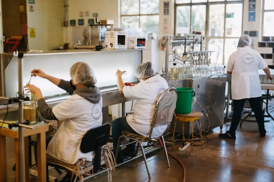 Workers in a Mexican distillery bottling tequila with traditional methods.