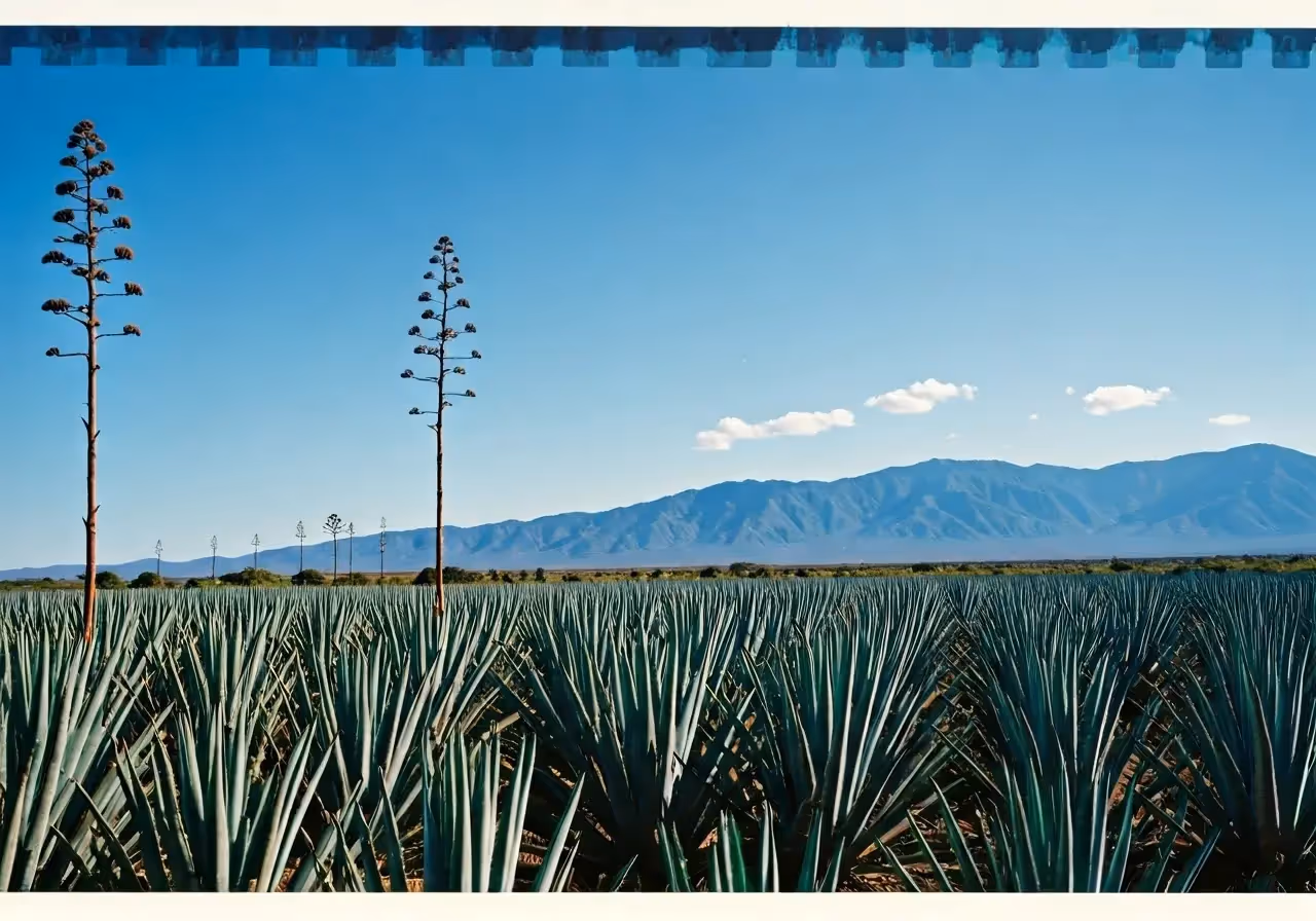 Agave fields under clear sky with mountains in background. 35mm stock photo