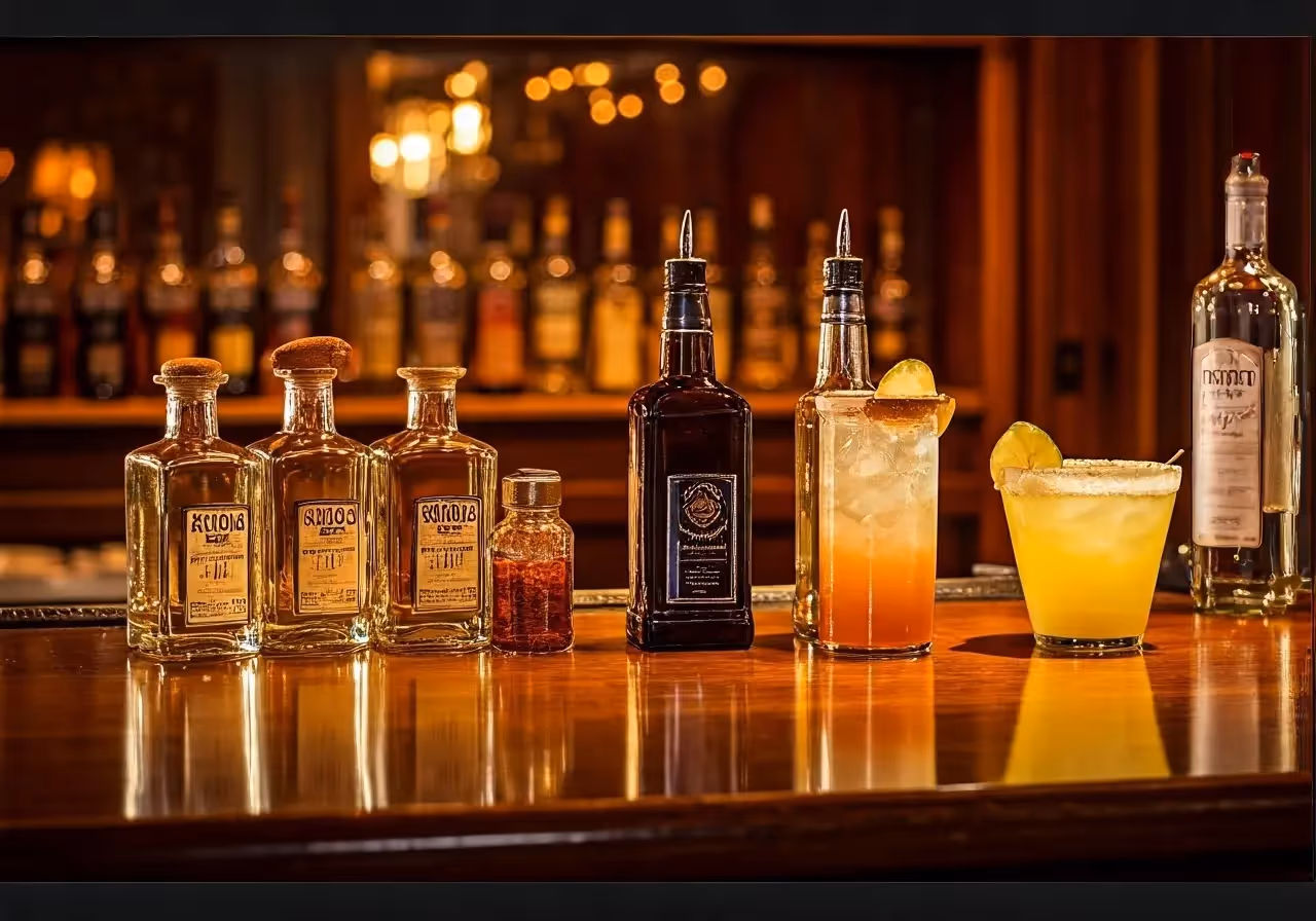 A vibrant bar counter with colorful tequila cocktails displayed. 35mm stock photo