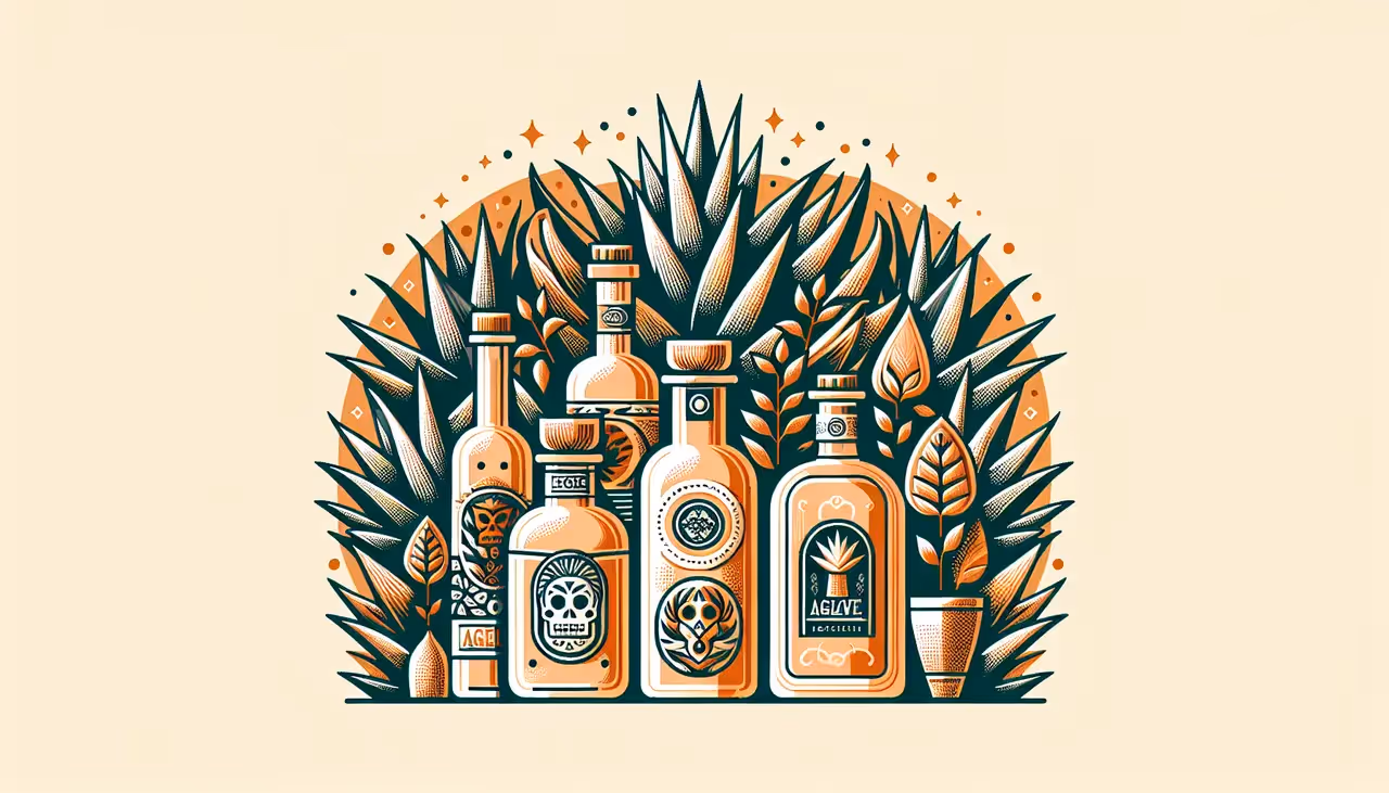 Draw a graphic in flat design style. A flat design illustration of a collection of agave spirits like tequila and mezcal bottles, accented with agave plants and a warm color palette.
