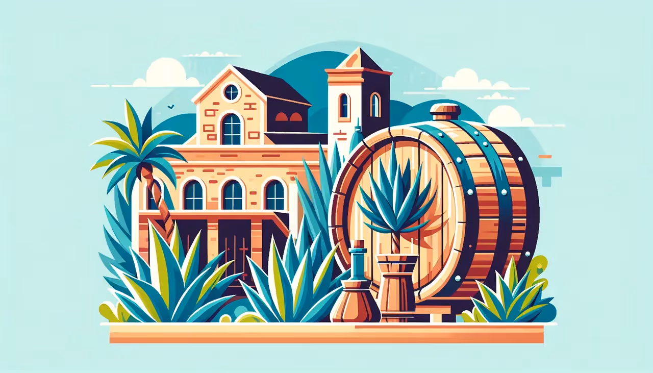 Draw a graphic in flat design style. Illustration of a hand-crafted wooden tequila barrel and agave plants, with a traditional distillery building in the background.
