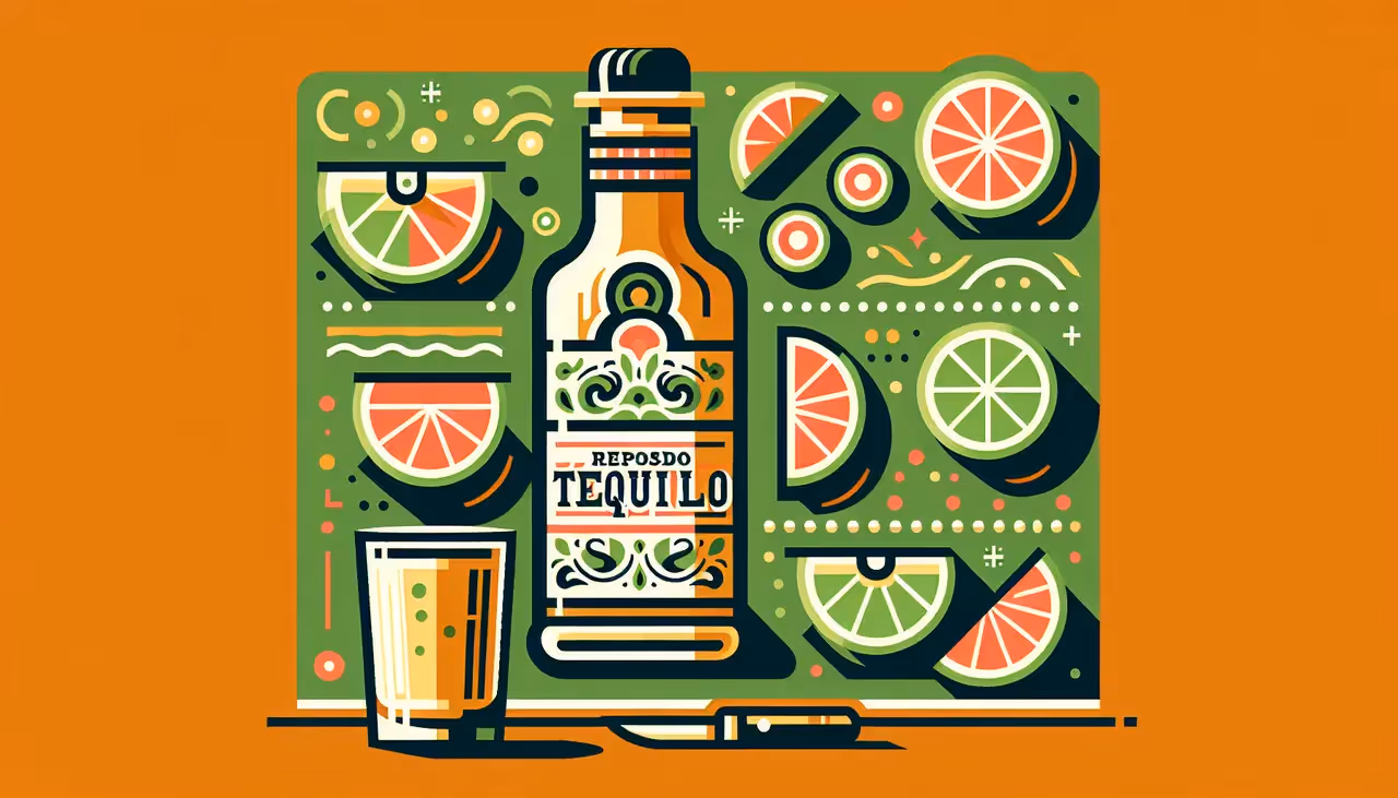 Draw a graphic in flat design style. A bottle of reposado tequila with an elegant label, surrounded by a few lime slices and a small shot glass, against a simple, colorful background.