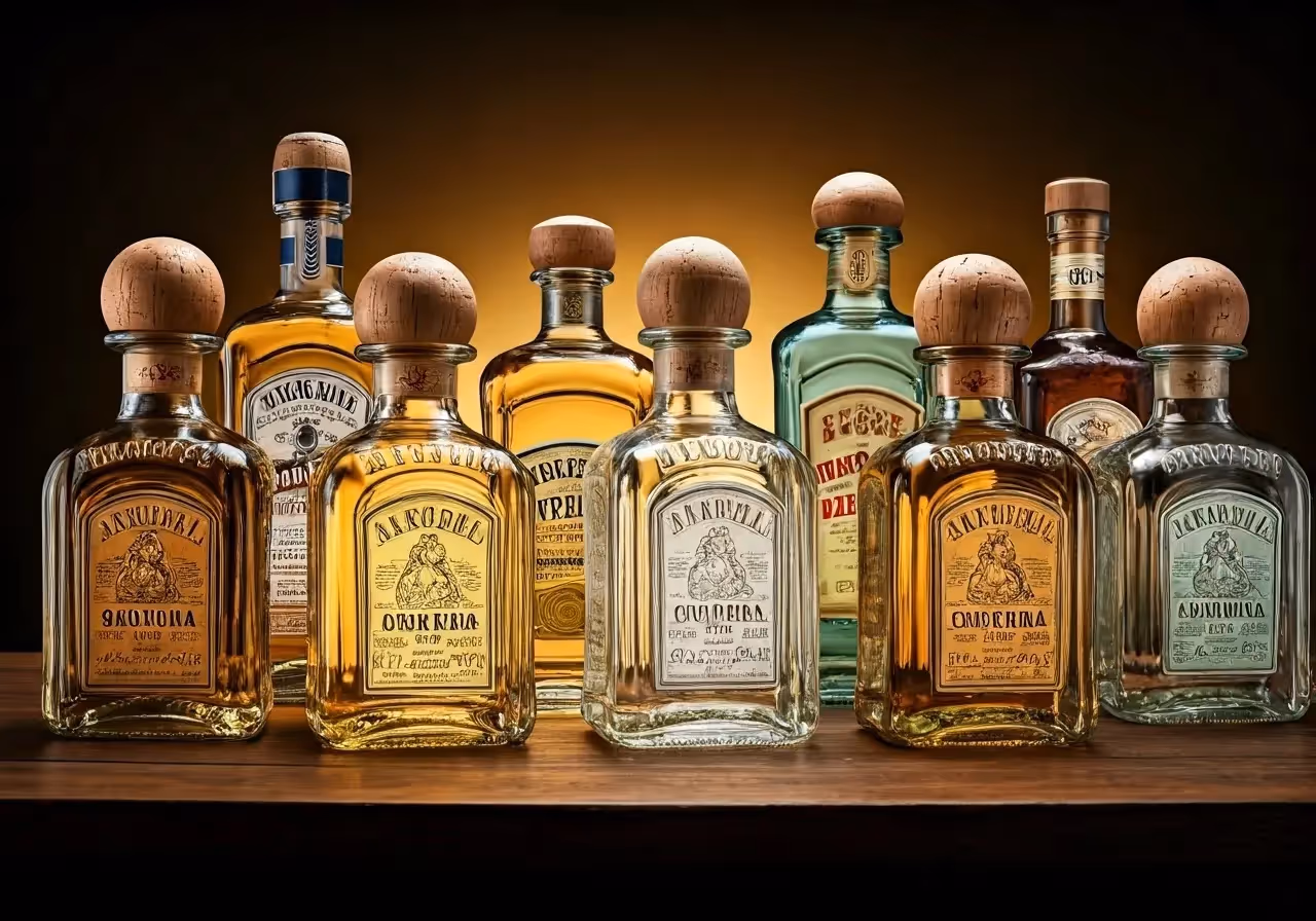 A vibrant display of assorted tequila bottles and cocktail garnishes. 35mm stock photo