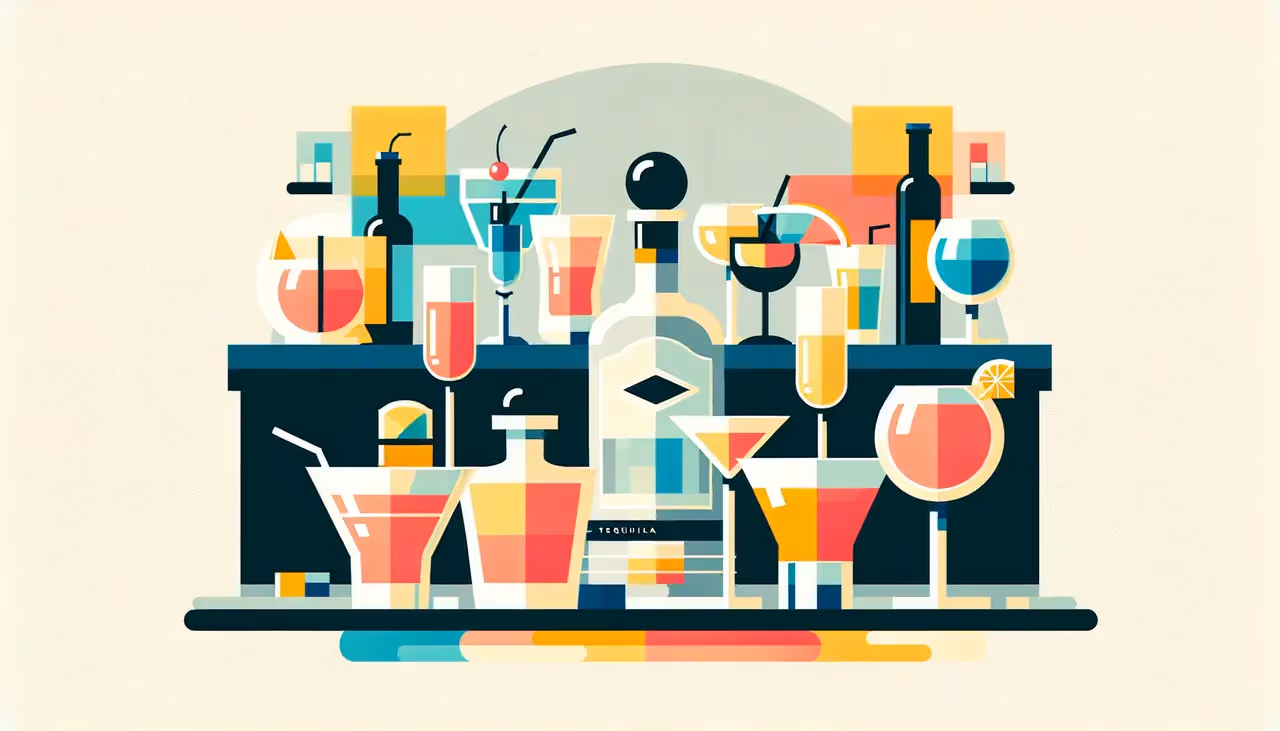 Draw a graphic in flat design style. A colorful array of cocktail glasses filled with various vibrant drinks, featuring a bottle of Mr. Sancho Pancho Tequila in the center, set against a minimalist bar background.