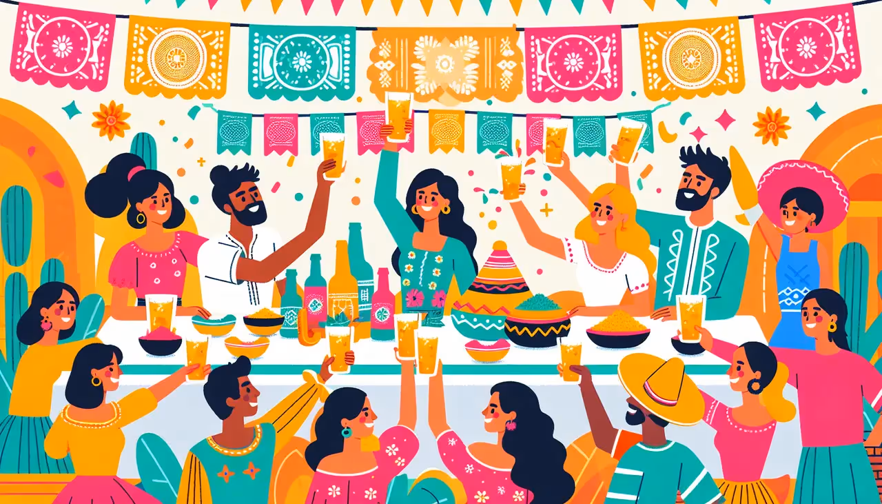 Draw a graphic in flat design style. A vibrant Flat Design illustration of a joyful, multicultural group of people clinking glasses of traditional Mexican drinks, set against a backdrop of a festive outdoor table adorned with Mexican crafts and decorations.