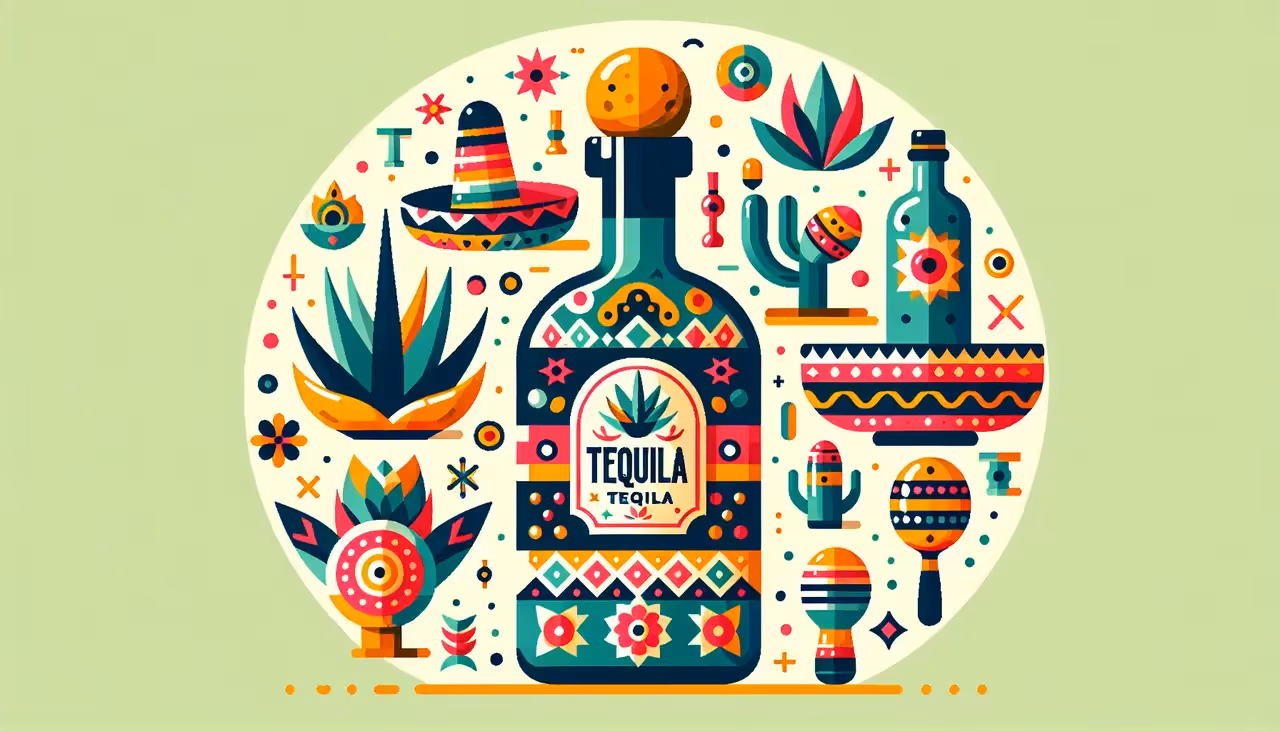Draw a graphic in flat design style. A flat design illustration of a Pancho Tequila bottle featuring vibrant colors and traditional Mexican patterns, surrounded by subtle icons of agave plants and cultural symbols like maracas and sombreros.