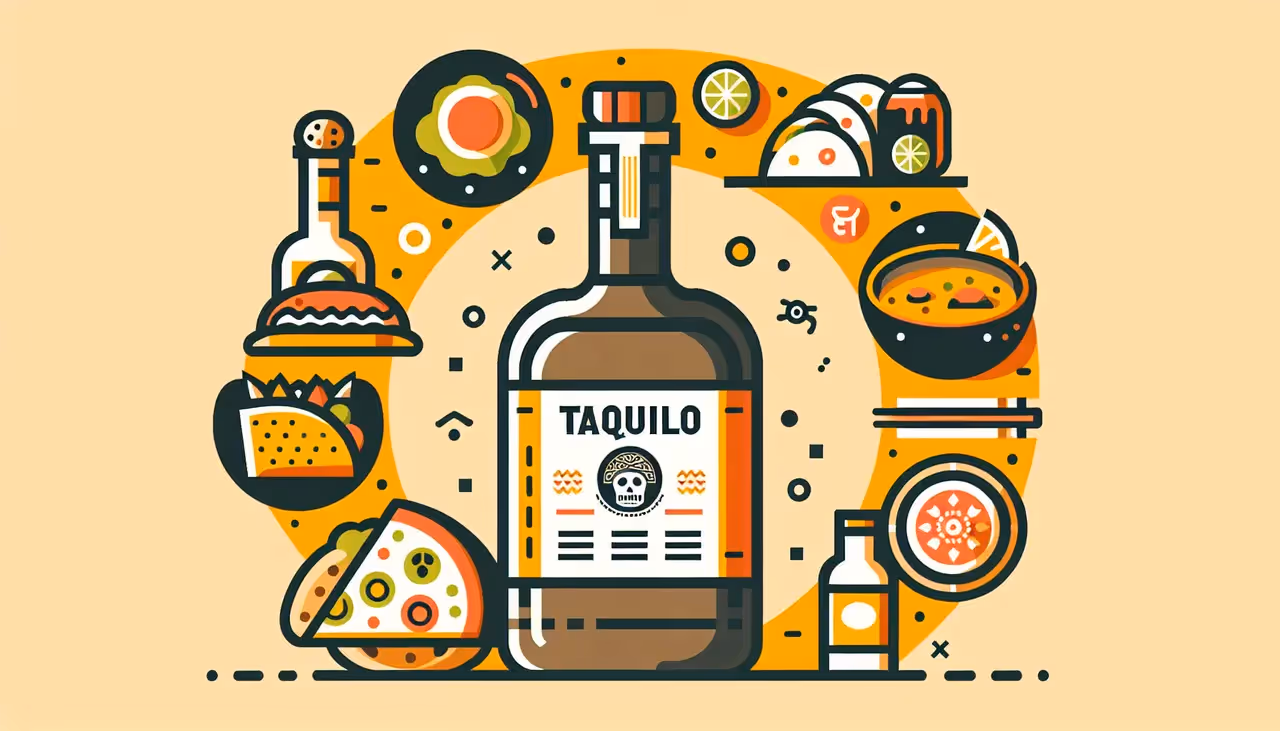 Draw a graphic in flat design style. Illustrate a neat, flat design of a bottle of Pancho Tequila surrounded by small, simple icons representing Mexican, Italian, Japanese, and Indian cuisines, like tacos, pizza, sushi, and curry.