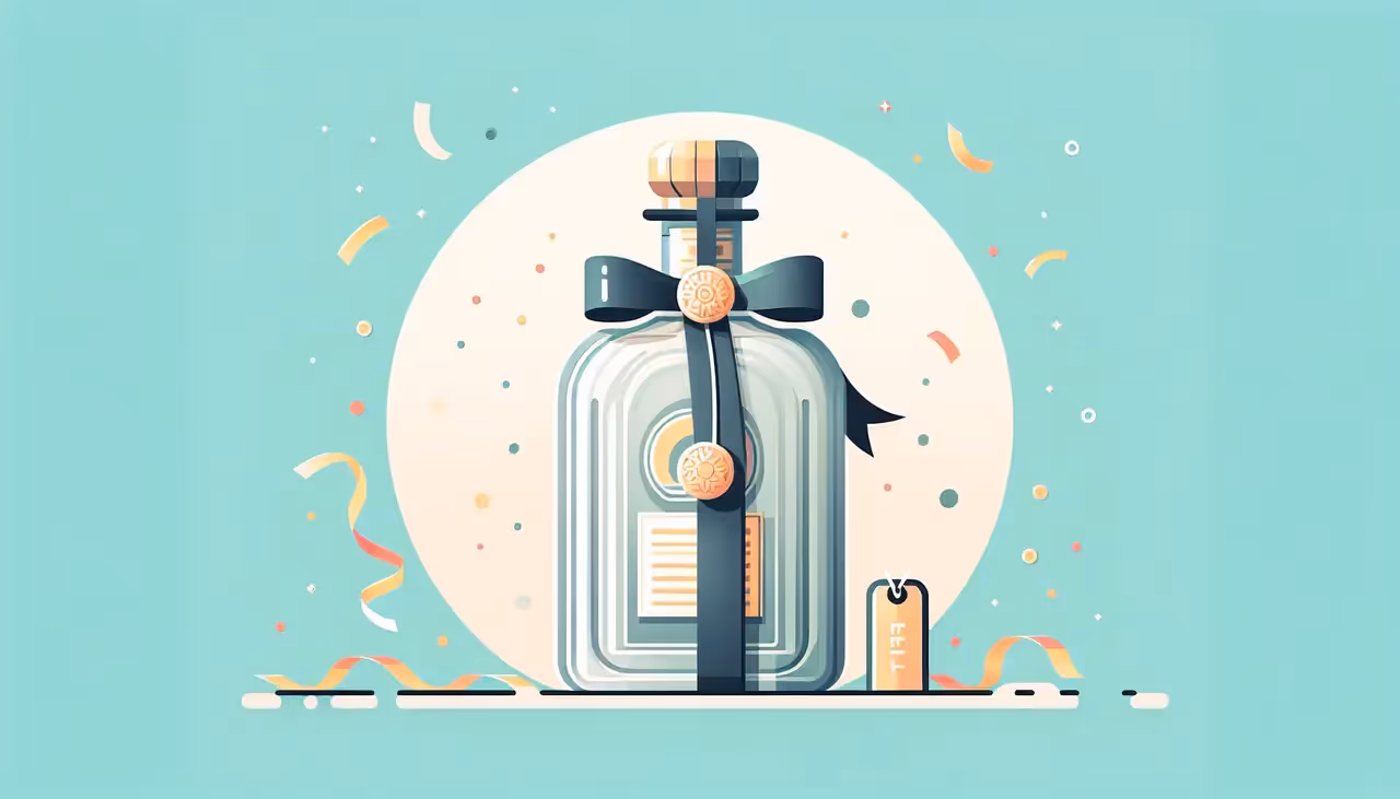 Draw a graphic in flat design style. A flat design illustration of a sleek tequila bottle with a decorative ribbon, set against a minimalist background with subtle confetti and a small gift tag.