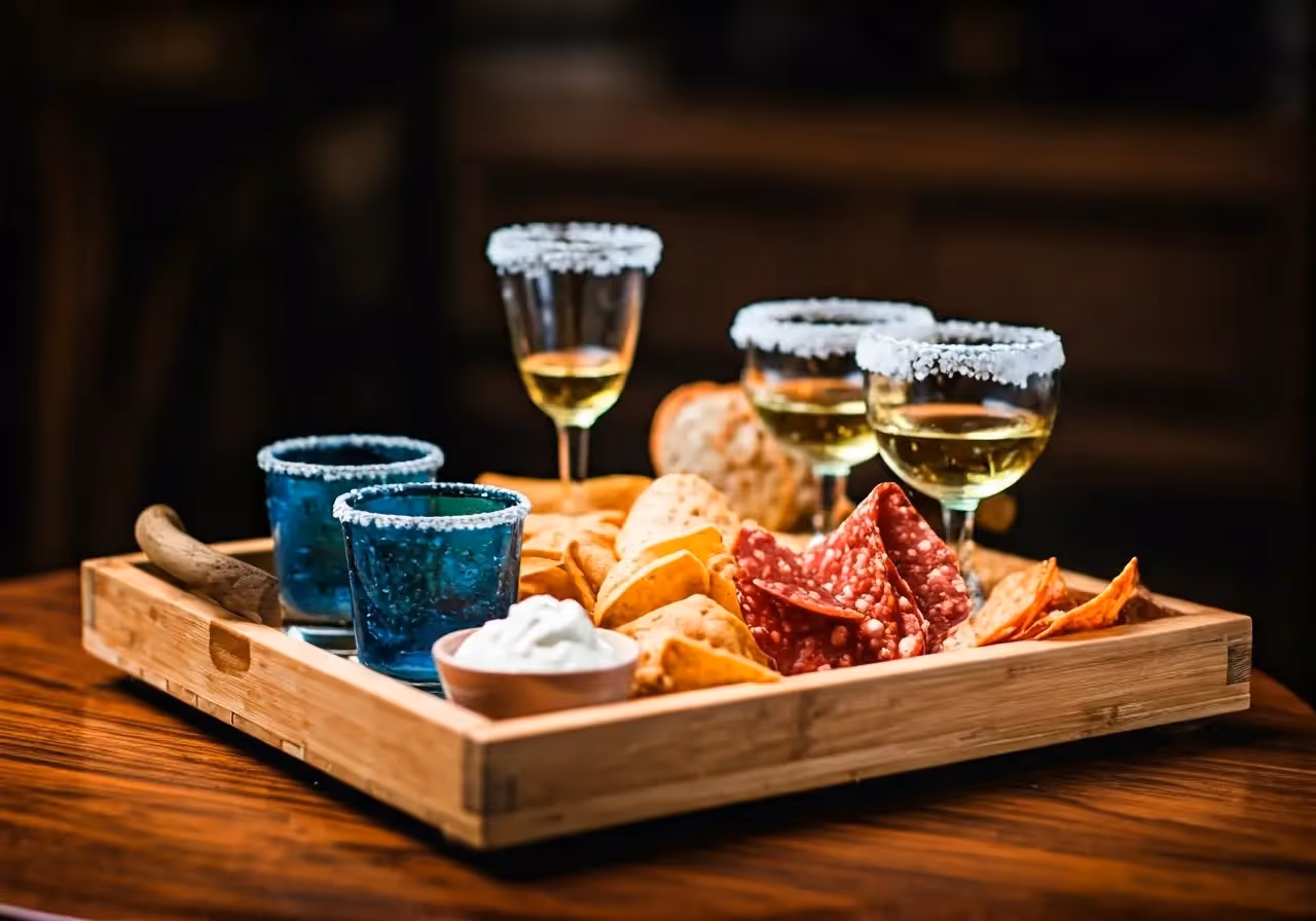 A wooden tray with tequila glasses and assorted gourmet snacks. 35mm stock photo