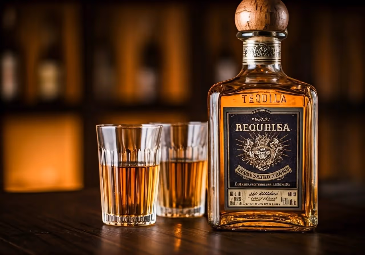 A close-up of a bottle of aged tequila with glasses. 35mm stock photo