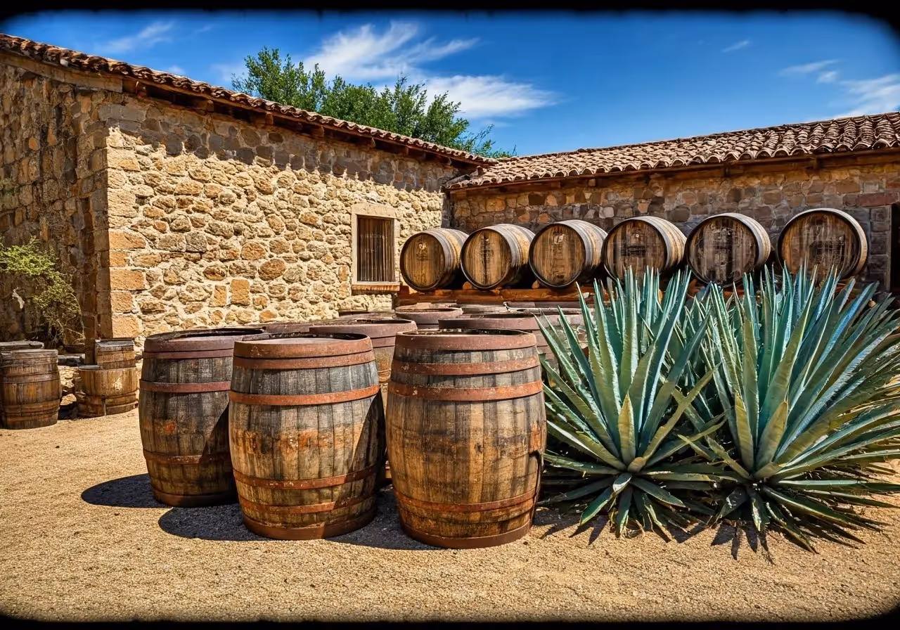 A vintage tequila distillery with rustic barrels and agave plants. 35mm stock photo