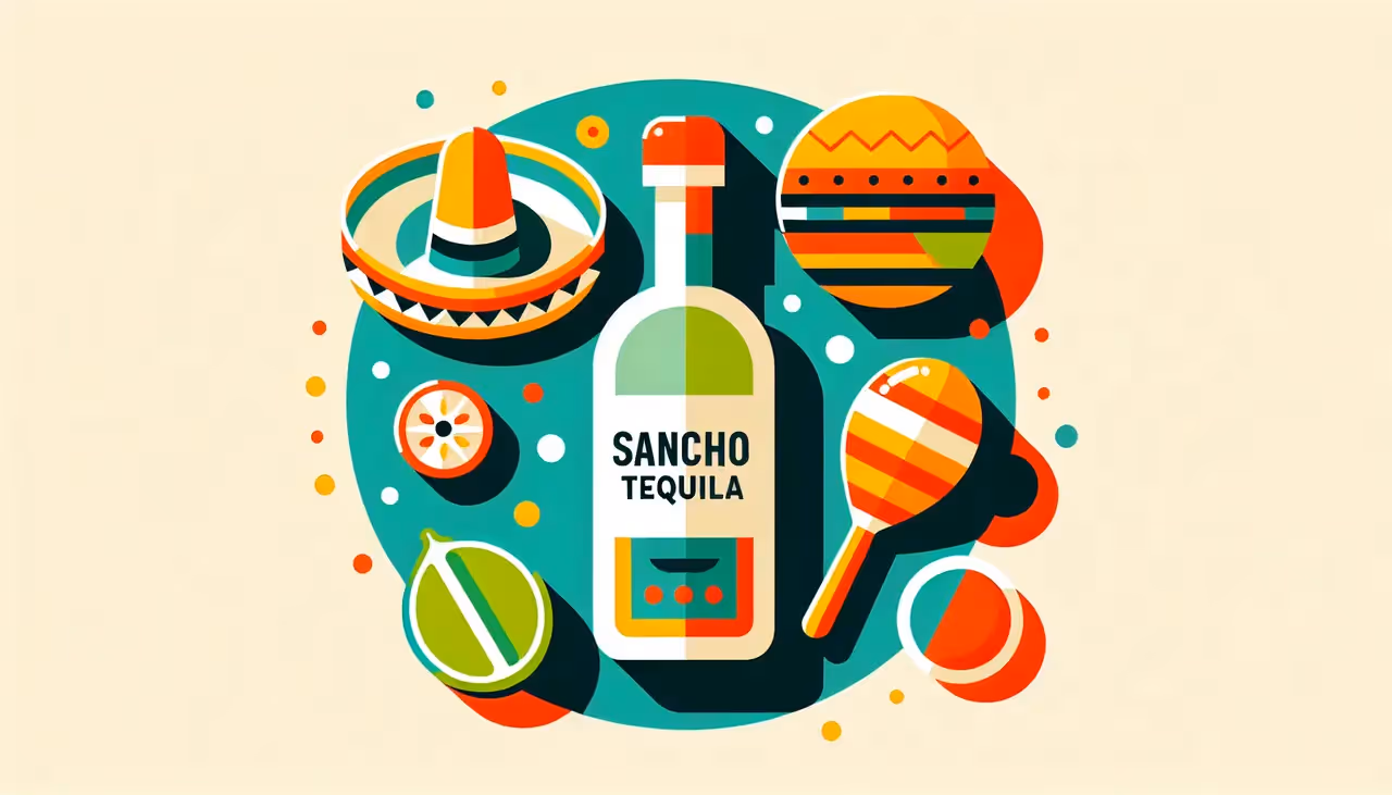 Draw a graphic in flat design style. A minimalist flat design illustration of a tequila bottle labeled Sancho Tequila with fun icons like a sombrero, a lime, and a maraca around it, set on a plain background.