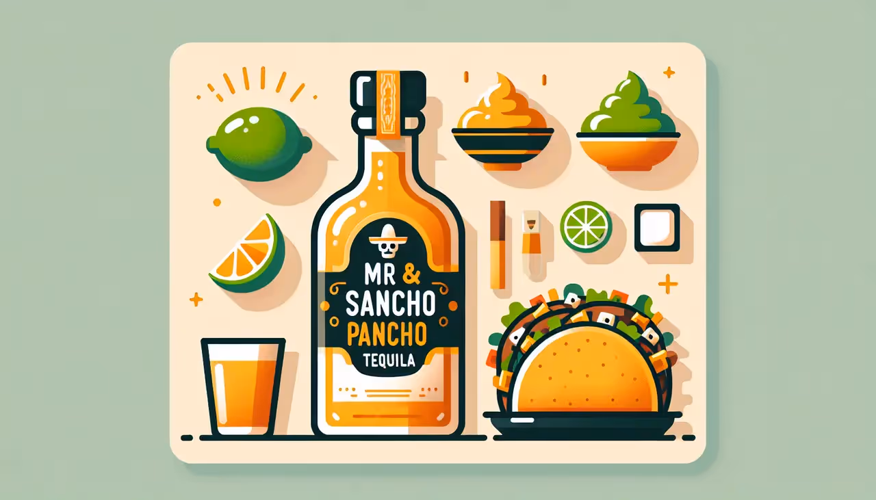 Draw a graphic in flat design style. A sleek, flat design illustration featuring a bottle of Mr. Sancho Pancho Tequila alongside an assortment of food items like tacos, lime wedges, and a bowl of guacamole, set on a minimalistic background.