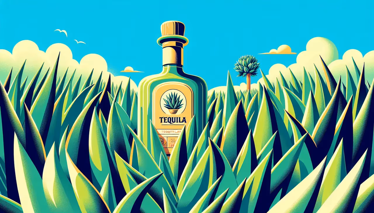 Draw a graphic in flat design style. A vibrant, flat design style image of a tequila bottle nestled among lush, green agave plants against a clear blue sky.