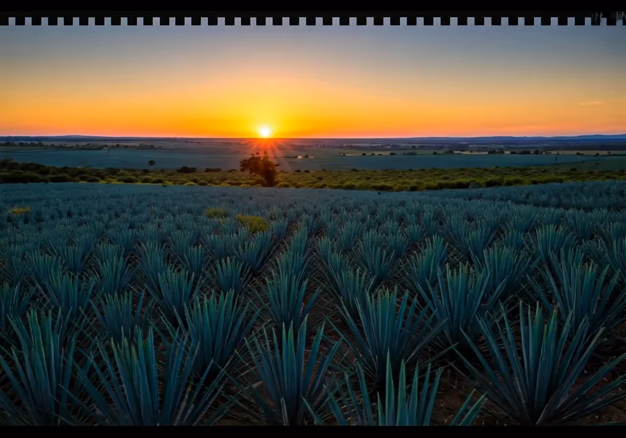 Aerial view of agave fields at sunrise. 35mm stock photo