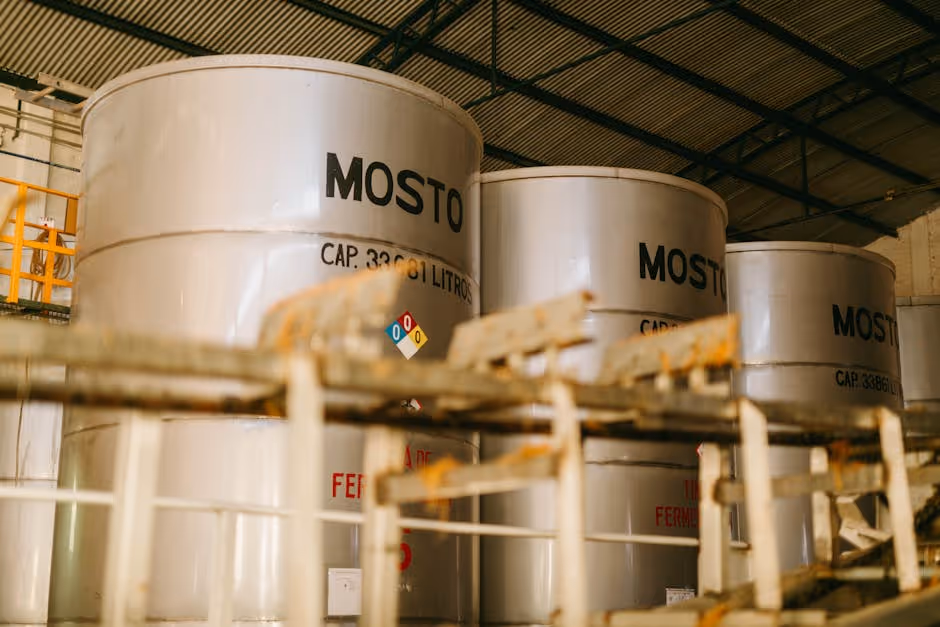 View of a Row of Containers in a Distillery