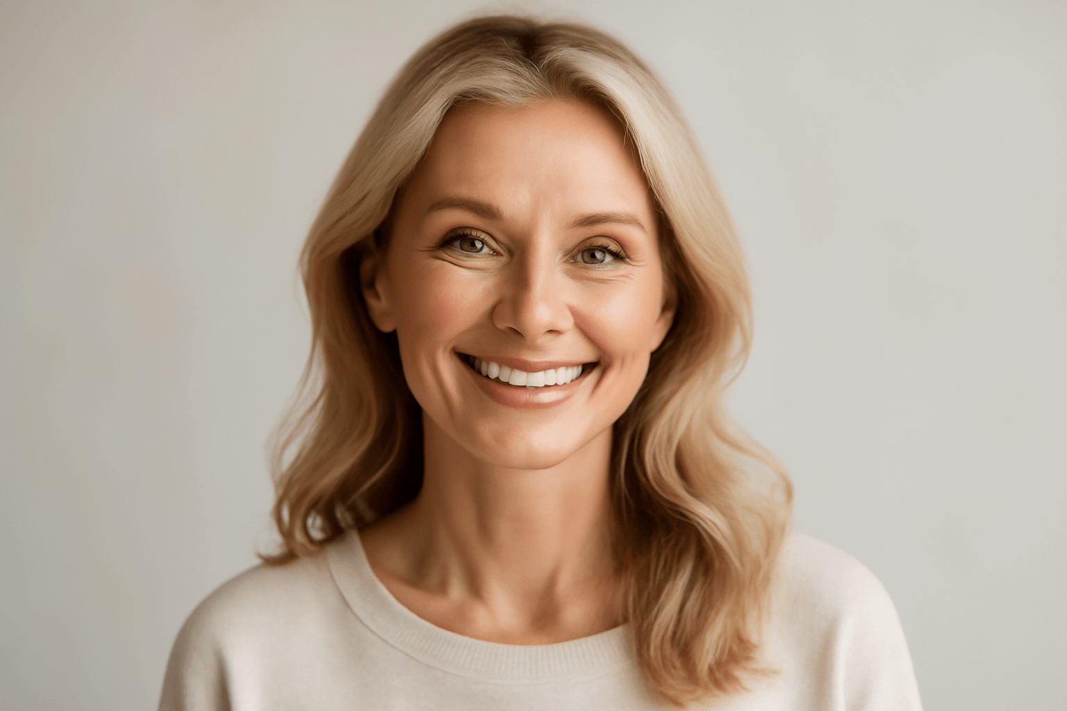 Middle-aged Caucasian woman smiling with youthful, glowing skin, showcasing a natural, refreshed appearance after Medspa treatment