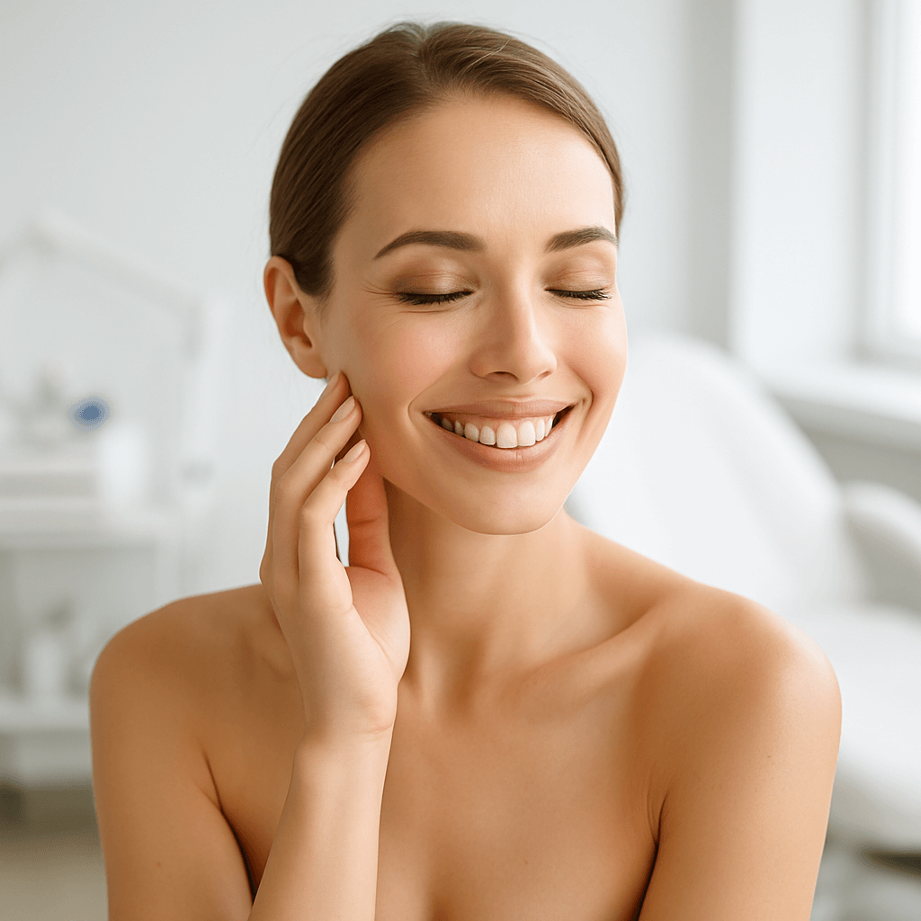 Happy woman with glowing skin touching her cheek at a luxury aesthetic clinic in Beverly Hills, symbolizing wellness and rejuvenation