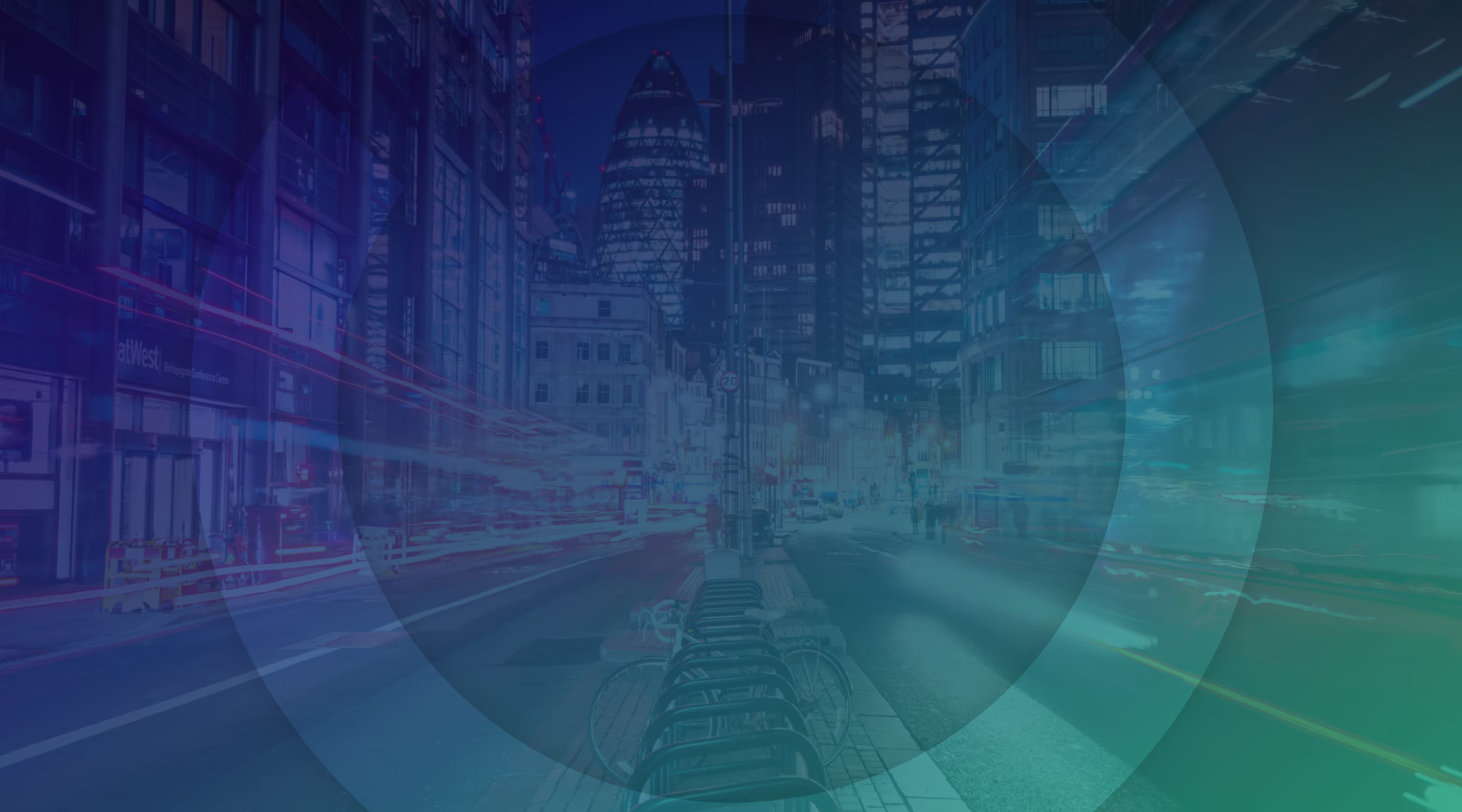 Hero image showing a city with a green and blue layover.