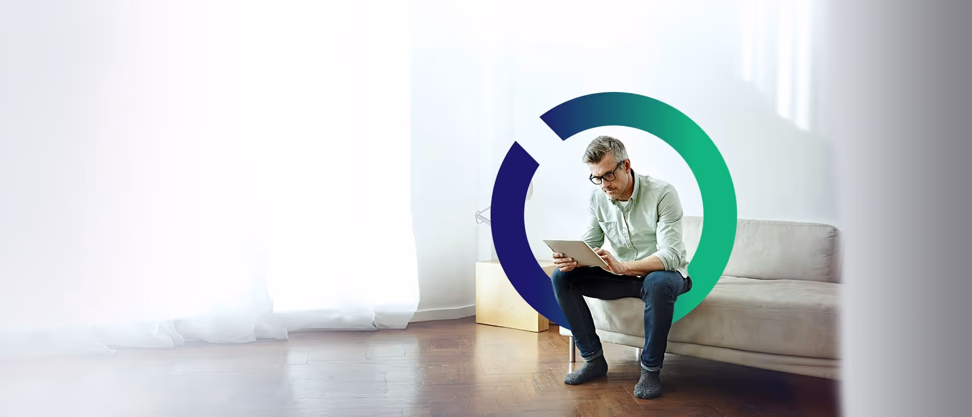 A man uses a tablet, Outseer iris behind him.