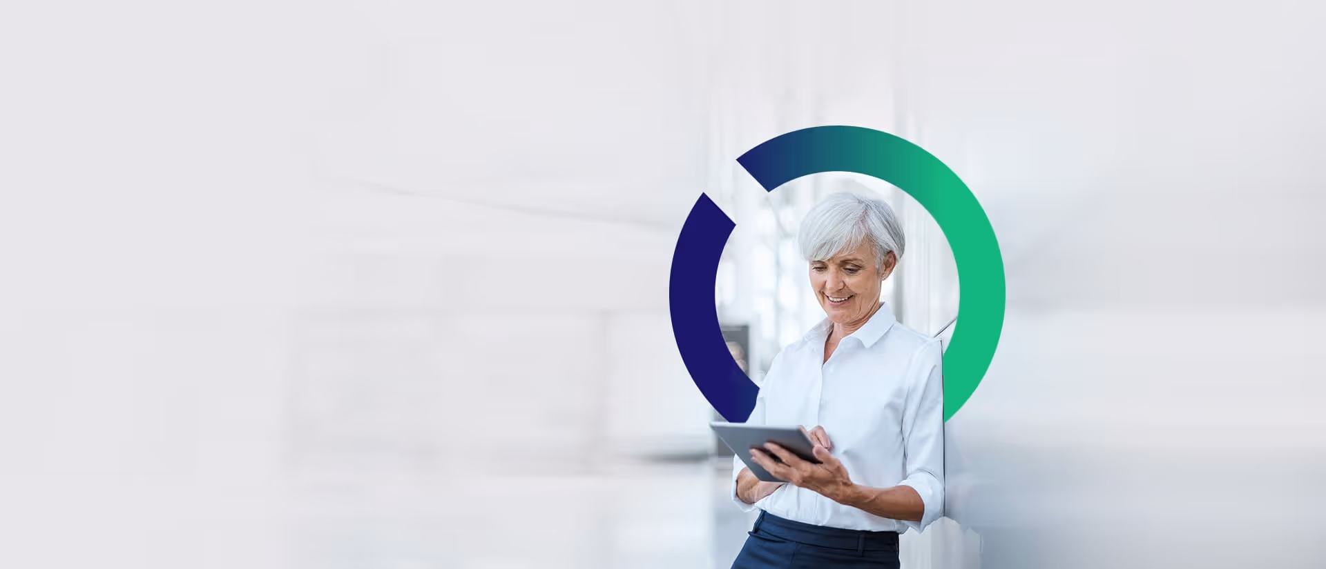 A woman uses a tablet, Outseer iris behind her.