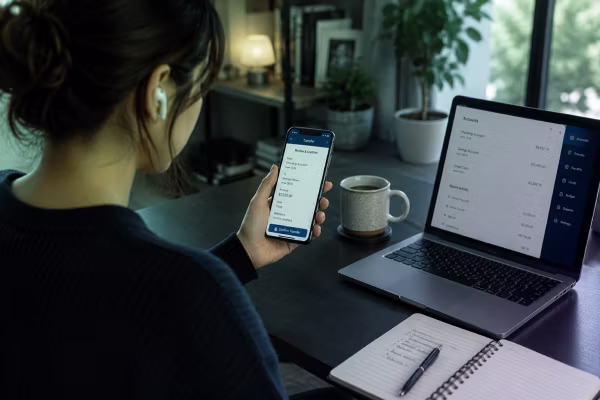 woman on phone call about to confirm mobile banking transaction