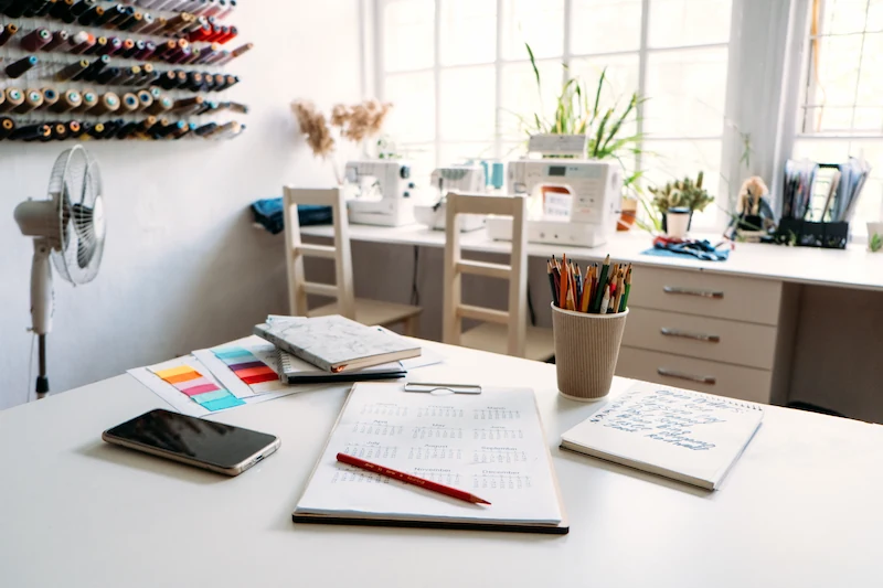 crafts room with light coloured shelfs