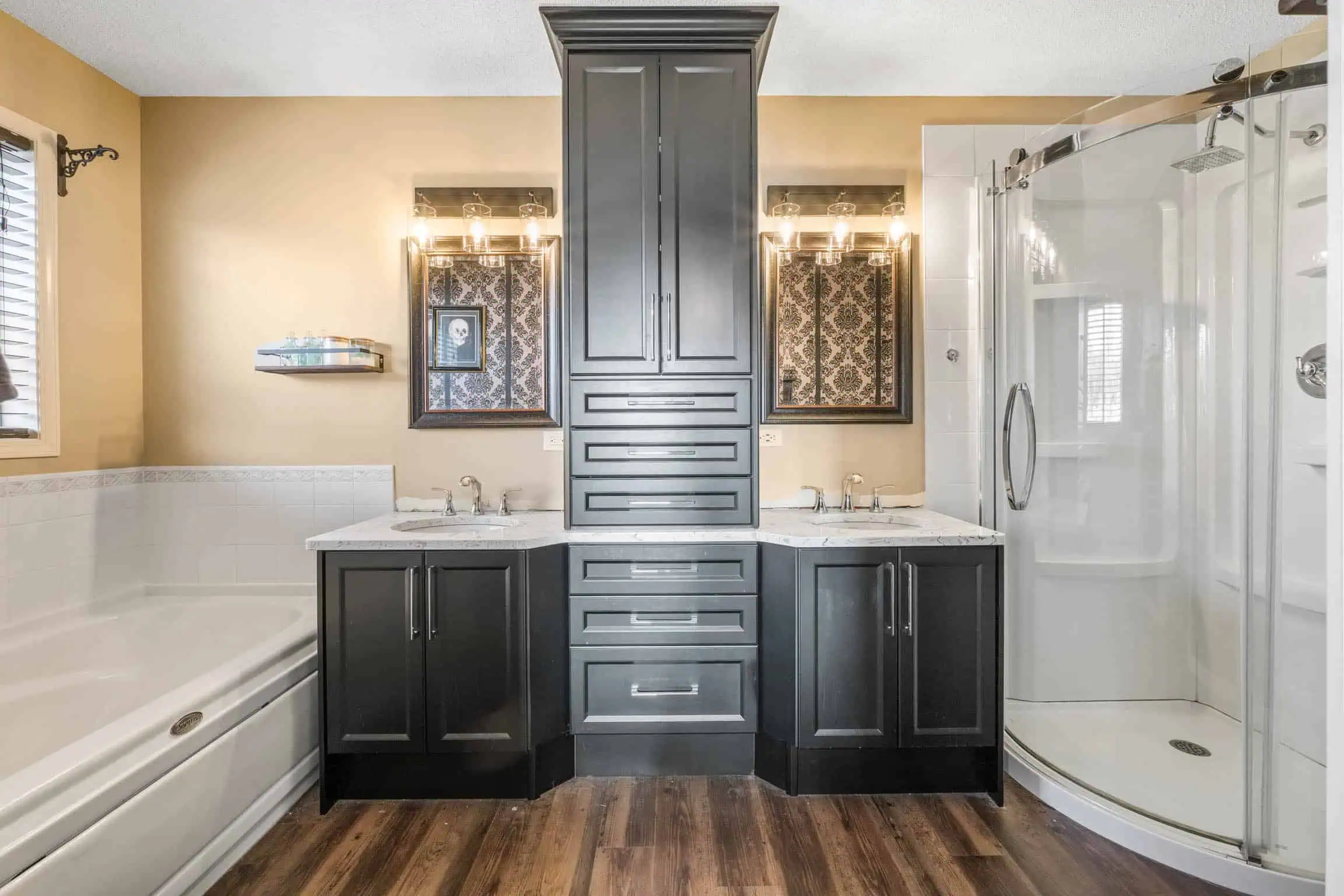Newly renovated white bathroom counter drawers