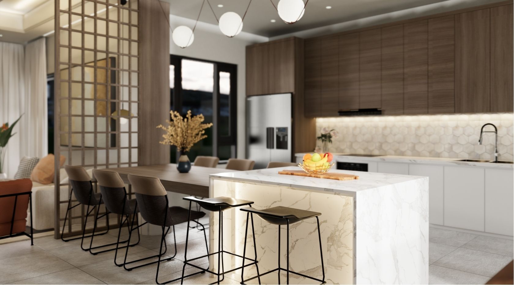 Warm-lit kitchen with woodgrain flat-panel upper cabinets, white lowers and a marble waterfall island in the evening