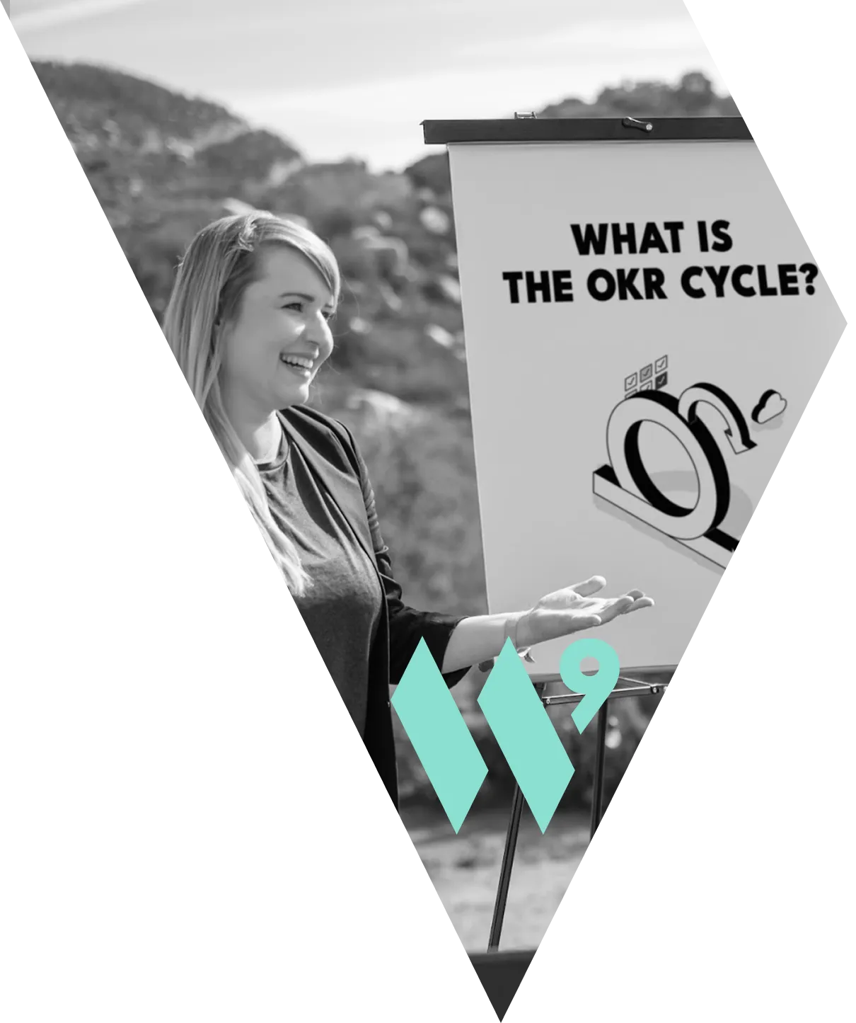A Wave Nine expert gives a presentation on OKR implementation. The presentation board asks, "WHAT IS THE OKR CYCLE?