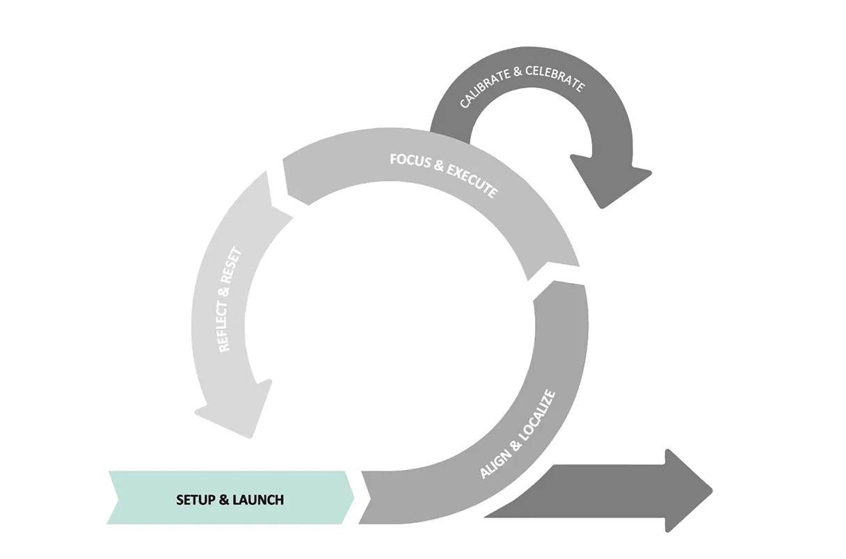 Infographic from Company Wave Nine displaying a continuous improvement model. A 'Setup & Launch' arrow initiates a cyclical process: 1. Align & Localize, 2. Focus & Execute, 3. Calibrate & Celebrate, and 4. Reflect & Reset, demonstrating an agile approach to project management and business growth.