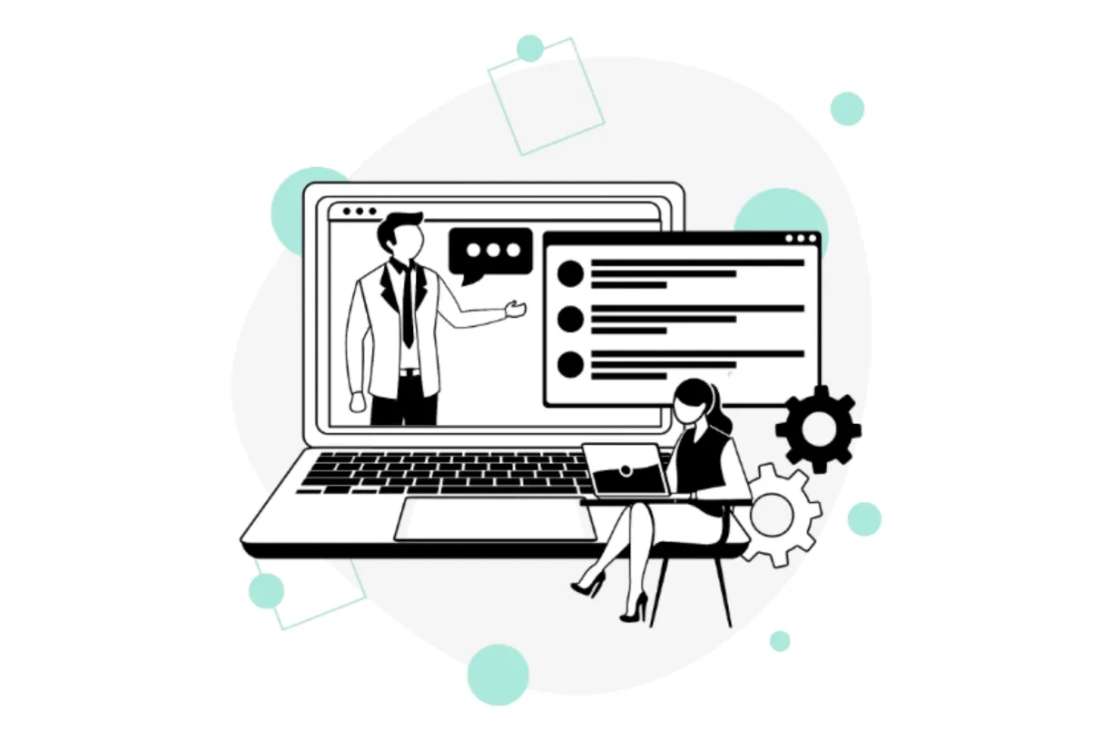 "A graphic from Company Wave Nine representing virtual coaching and digital learning solutions. A professional woman engages with an online instructor, illustrating the effectiveness of remote training, webinar services, and digital collaboration tools."